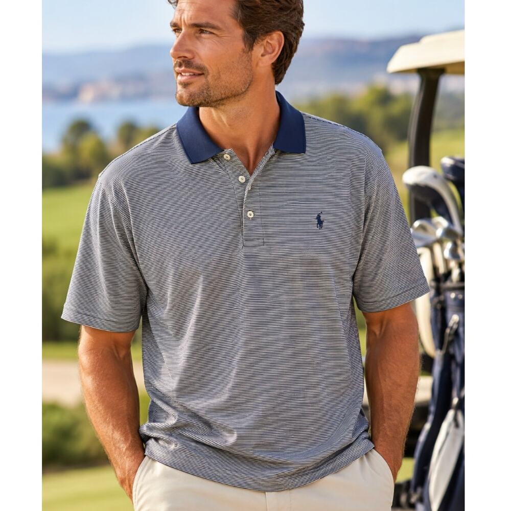 Polo Golf Ralph Lauren Polo Shirt L Pima Cotton Navy Gray Stripe Preppy Golf